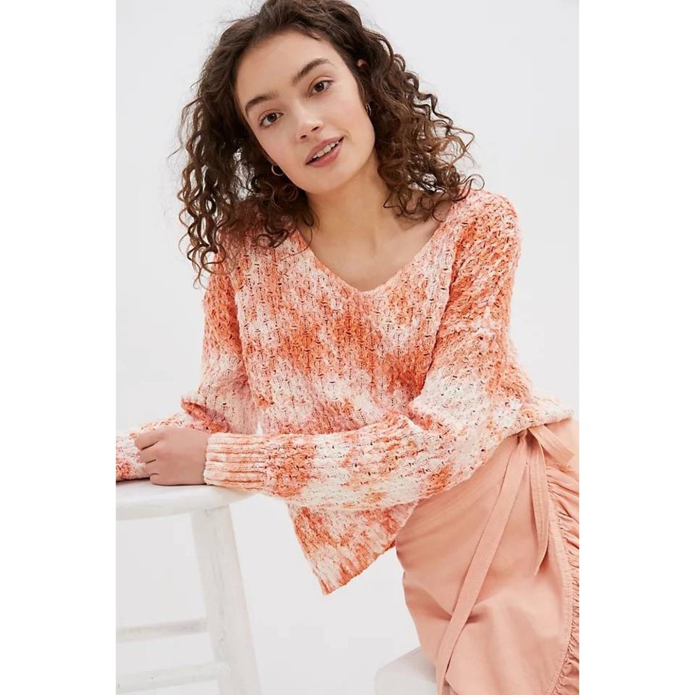 Pilcro Anthropologie Orange White Tie Dye V-Neck Cotton Knit Sweater Medium Boho